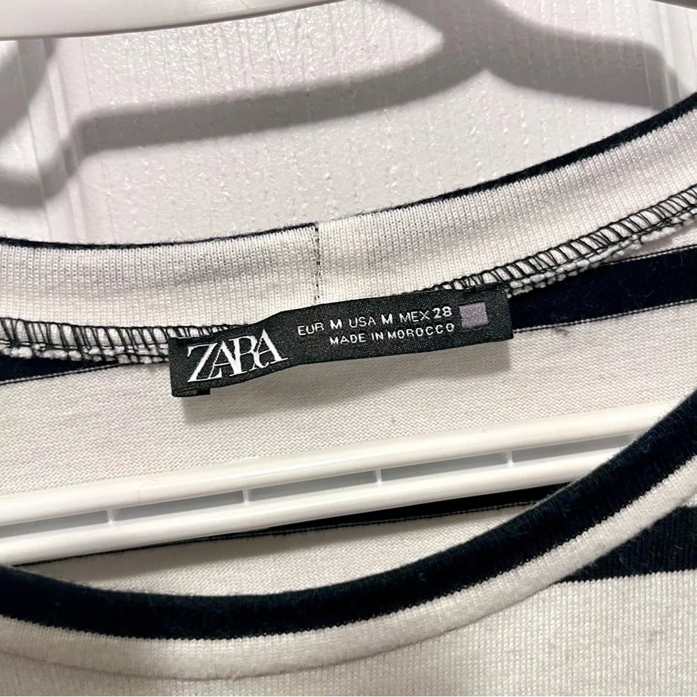Zara Top Striped Black White shirt Women Medium short sleeve crew neck - Picture 2 of 5